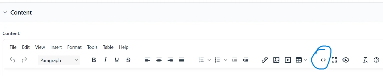 The editor toolbar with the Source code button, shown as angle brackets, circled in blue