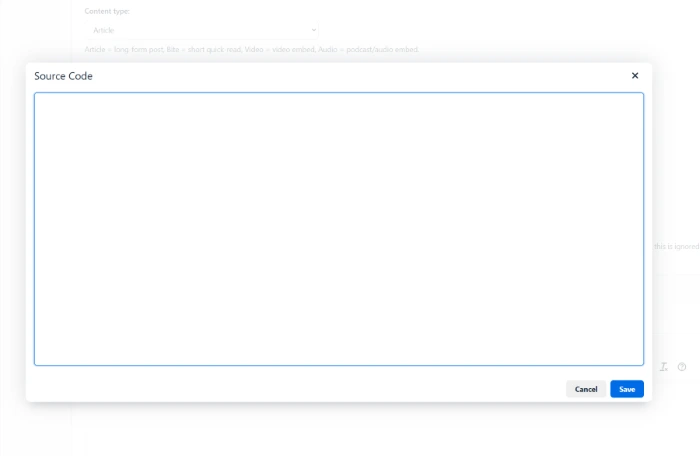 The empty Source Code box in the editor, where block HTML is pasted, with Cancel and Save buttons