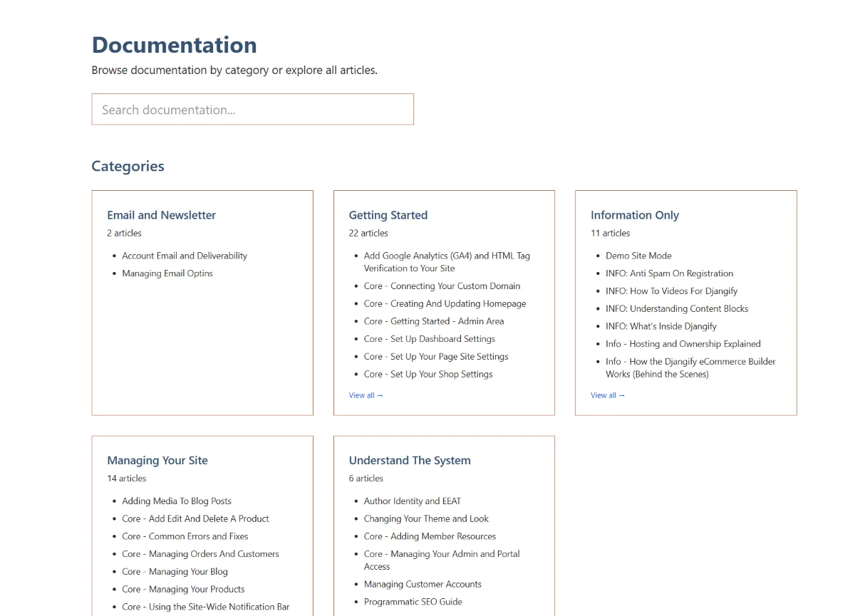 Djangify Documentation categories