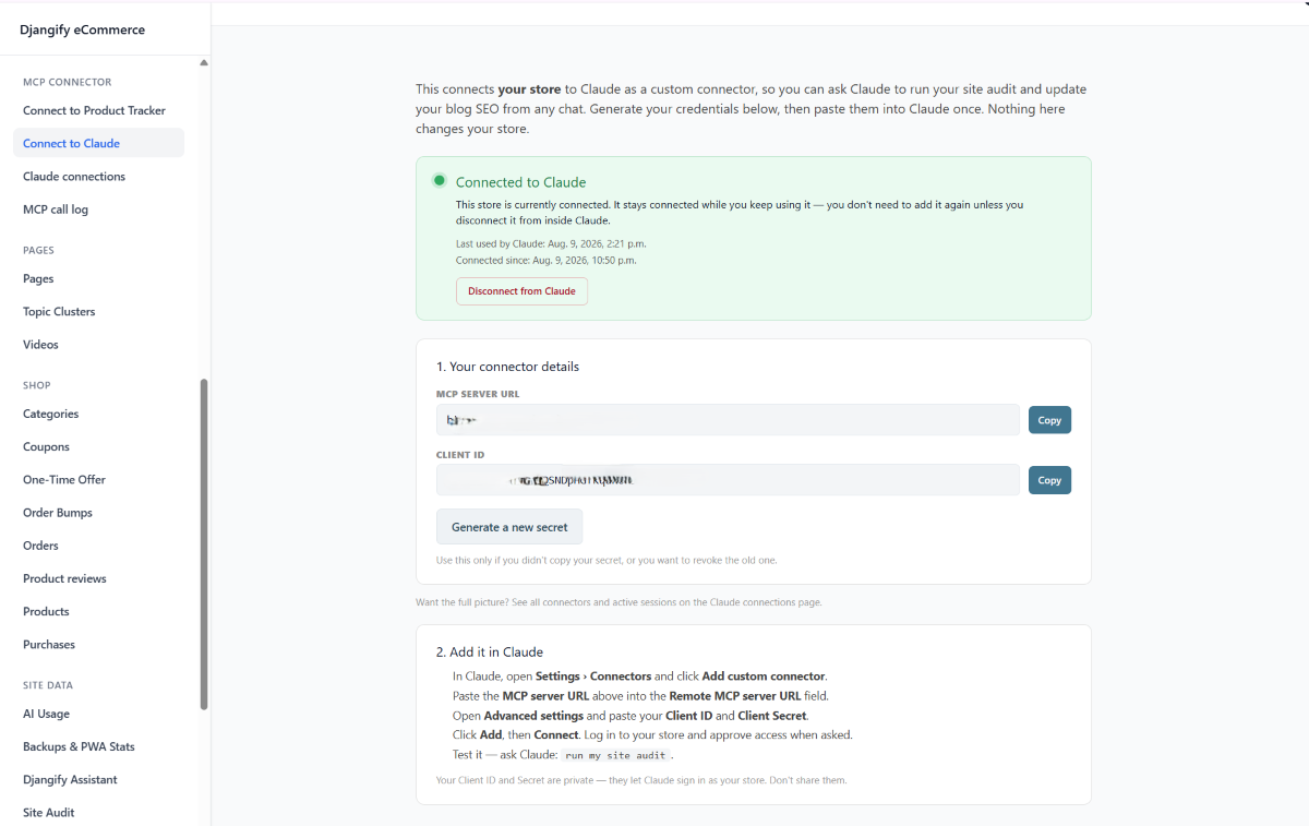 Djangify connect to Claude MCP tool